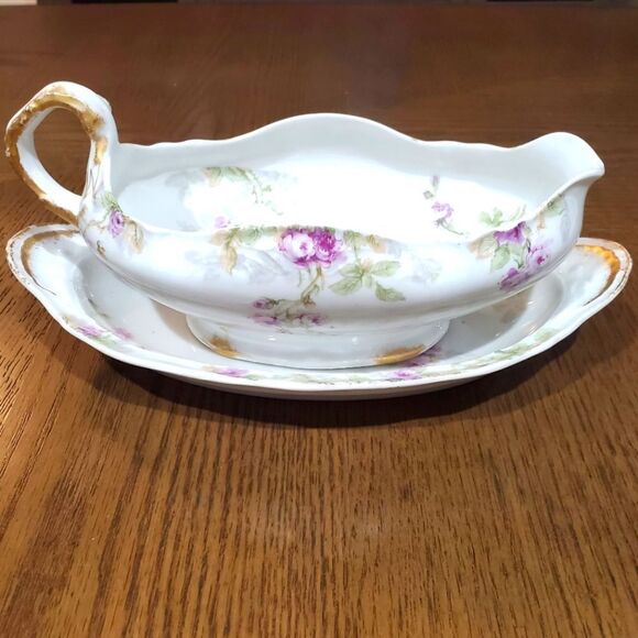 VINTAGE Theodore Haviland purple rose gravy boat and under plate.